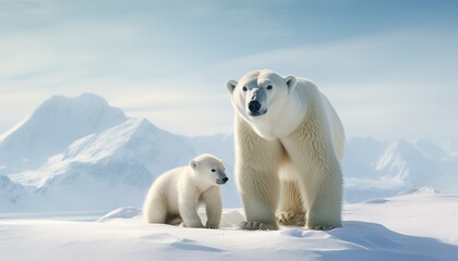 Wall Mural - Mother and baby polar bears relax walks in extreme winter weather, polar bears family standing above snow with a view of the frost mountains