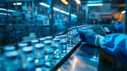Poster - a gloved hand in a pharmaceutical production line carefully handles vials in a sterile environment, 