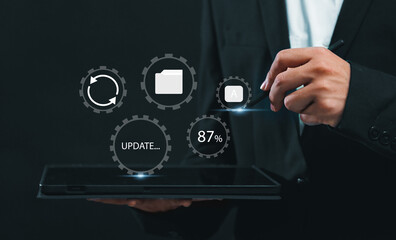 Fototapete - Installing update system software for device operating systems to be up to date with the new version. Graphics icon showing updating function screen loading on computer tablet.