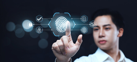 Poster - digital internet security and verification of business person using fingerprint to verify identity f