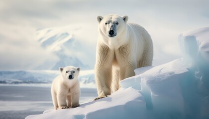 Mother and baby polar bears relax walks in extreme winter weather, polar bears family standing above snow with a view of the frost mountains