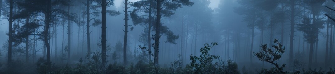  Deep forest in a blue monotone shrouded in fog and silence.