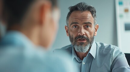 Poster - A man with a beard and graying hair wearing a blue shirt sitting in an office with a surprised or puzzled expression looking at someone off-camera.