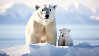 Mother and baby polar bears relax walks in extreme winter weather, polar bears family standing above snow with a view of the frost mountains