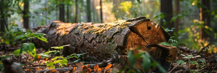 Wall Mural - Golden hour sunlight casts a warm glow on a log in a peaceful forest.