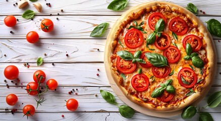 Sticker - Pizza With Tomatoes and Herbs on a White Table
