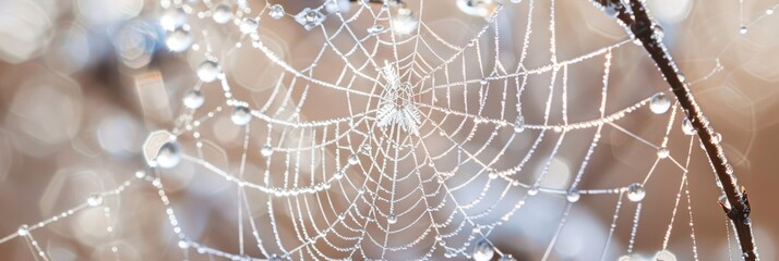 A close-up of a dew-laden spider web glistening in morning light.