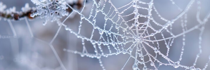 Wall Mural - Frosted spider web delicately adorned with ice crystals in a cold morning.