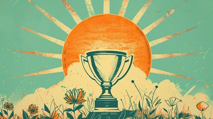 Wall Mural - A drawing of a trophy in front of the sun. There are clouds and flowers around the trophy.

