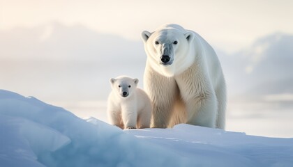 Wall Mural - Mother and baby polar bears relax walks in extreme winter weather, polar bears family standing above snow with a view of the frost mountains