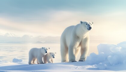 Wall Mural - Mother and baby polar bears relax walks in extreme winter weather, polar bears family standing above snow with a view of the frost mountains