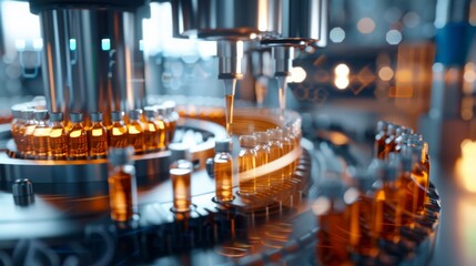 Poster - Advanced Pharmaceutical Manufacturing Automated Production with Vials. Hightech machinery ensures quality in sterile environment. Automation transforming healthcare and pharmaceutical industry