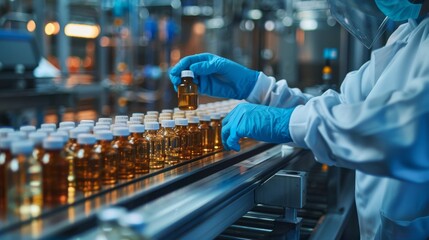 Aufkleber - A pharmaceutical worker inspects vials in protective gear in a modern facility, ensuring topquality drug production with precision and attention to detail in a controlled environment