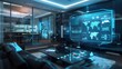 © songwut - A smart home with interconnected devices, controlled by a central holographic interface, in a sleek, futuristic design.