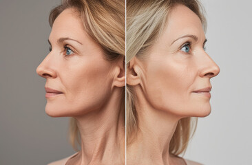 Wall Mural - a middle-aged woman before and after rhinoplasty without nose hairs with smooth skin, side profile view of the face showing that she has had balloon sculpting on her chin