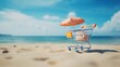 © PrusarooYakk - A shopping cart with an umbrella on a sandy beach under a clear blue sky, symbolizing summer sales and vacation shopping. Relaxed vibe.