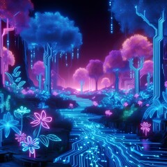 Wall Mural - A neon-lit jungle with glowing flora and fauna, where the trees are circuit boards and the rivers flow with liquid light.