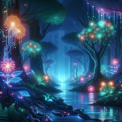 Wall Mural - A neon-lit jungle with glowing flora and fauna, where the trees are circuit boards and the rivers flow with liquid light.