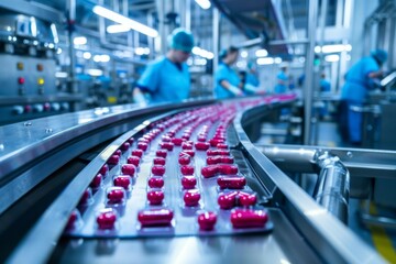 Poster - The pharmaceutical industry utilizes an advanced automated production line to massproduce red pills. The process ensures quality control and efficiency in manufacturing medication