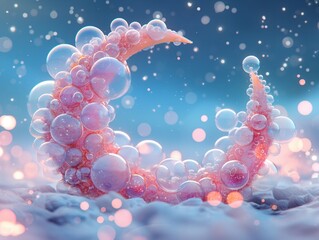 Wall Mural - A large pink and white bubble shaped like a crescent moon. The bubbles are scattered all over the image, creating a dreamy and whimsical atmosphere