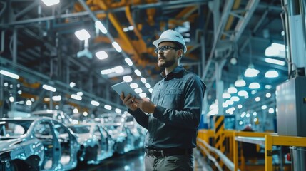 Poster - a mechanical engineer supervises robotic assembly lines at an automotive factory, using a tablet to 