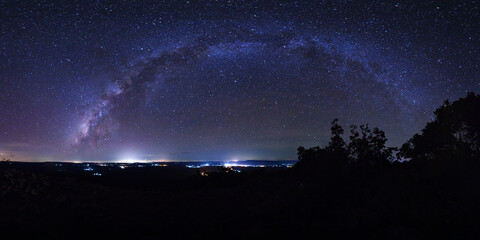 Wall Mural - landscape with panorama milky way, night sky with stars and silhouette of tree