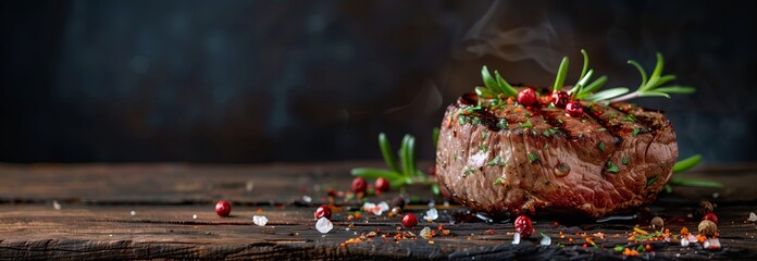 Delectable grilled filet mignon steak garnished with pomegranate seeds on a rustic wood surface