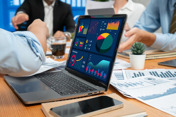 Poster - financial data analysis dashboard by fintech bi or business intelligence display on laptop screen to