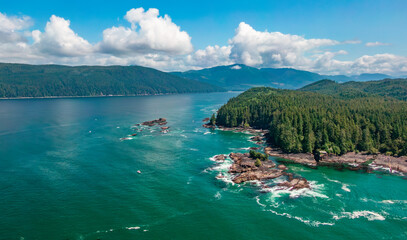 Aerial View of the West Coast of Pacific Ocean. Sunny Cloudy Day.