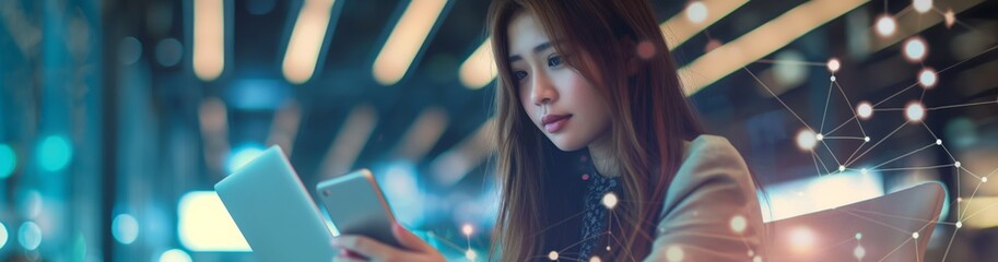 Aufkleber - A businesswoman in a contemporary office demonstrates technology integration and connectivity through digital devices, exemplifying a corporate environment embracing modern tools and networks