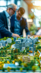 Canvas Print - a collaborative moment in sustainable development, with two figures in business wear interacting with a layout of a green-powered metropolis, with a focus on miniature wind and solar technologies.