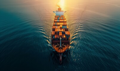 aerial view ultra large container vessel at sea. box ship spelled containers hip on a beautiful ocean with lot of containers. sunset or twilight on the background.