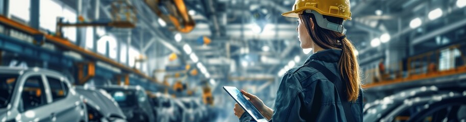 Poster - a female engineer utilizes a tablet to oversee operations in an automotive manufacturing facility, e