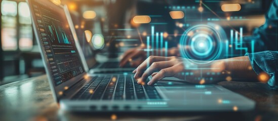 Poster - In the modern office, a professional utilizes cuttingedge technology for digital analysis, incorporating data visualization and HUD tools on a laptop, showcasing futuristic work in the tech field