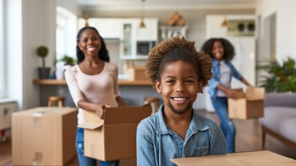 A young girl is smiling as she holds a cardboard box