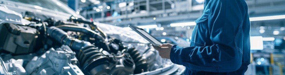 Poster - in an automotive factory, a professional engineer with technical expertise is using a tablet to insp