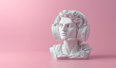 Wall Mural - Portrait of a man marble sculpture from the Greek era with modern gaming headphones, in front of a solid pink background