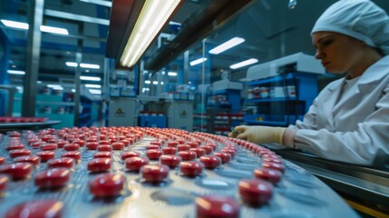 Poster - a pharmaceutical factory worker operates the tablet production line safely and efficiently, working 