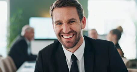 Poster - Office, corporate and face of business man with team for meeting, planning and client feedback. Professional career, happy and portrait of person in boardroom with company pride, confidence and smile