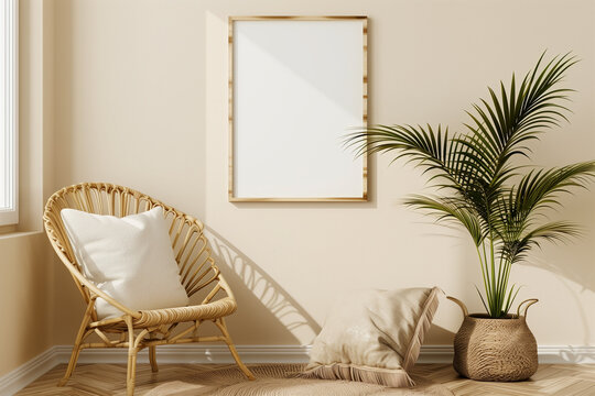 Standing vertical wooden frame mockup in warm neutral beige room interior with wicker armchair boho pillow and palm plant in woven basket with tassels. Illustration 3d rendering