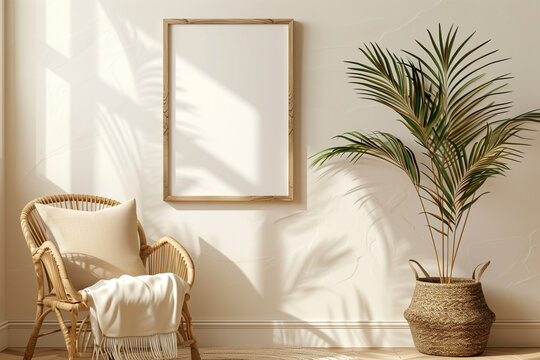 Standing vertical wooden frame mockup in warm neutral beige room interior with wicker armchair boho pillow and palm plant in woven basket with tassels. Illustration 3d rendering