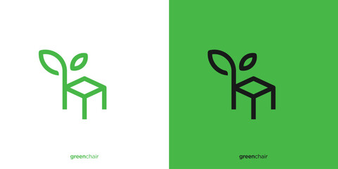 Wall Mural - Simple Minimalist Green Chair Logo Designs. Chair and Tree Leaf Logo with Linear Outline Style. Furniture Logo, Icon, Symbol, Vector, Design Template.