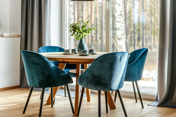 Wall Mural - Turquoise chairs at wooden round dining table. Scandinavian home interior design of modern dining room.