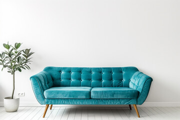 Sticker - Turquoise sofa in spacious room against blank white wall with copy space. Scandinavian interior design of modern living room home.