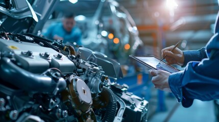 Poster - An engineer in the automotive industry uses a digital tablet in a modern workshop for precise work and innovation to diagnose vehicle engines, showcasing technological skills and quality service