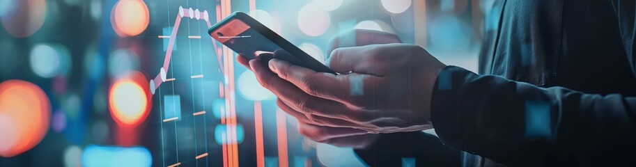 Poster - Within the cityscape, a finance professional analyzes stock market trends using a smartphone, focusing on tech integration. Strategy includes data analysis mobile trading for success