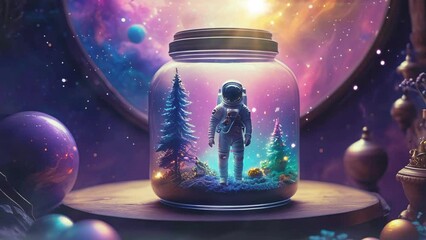 Astronaut with space suit landing in a planet 3D cartoon illustration. Space man miniature toy on futuristic jar concept of galaxy travel and universe exploration. Looping video animation background.