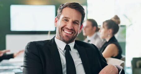 Poster - Office, professional and face of business man with team for meeting, planning and client feedback. Corporate career, happy and portrait of person in boardroom with company pride, confidence and smile