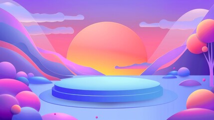 Wall Mural - A showcase for goods against the background of sunset. Illustration. An empty showcase for displaying goods. 3D rendering.