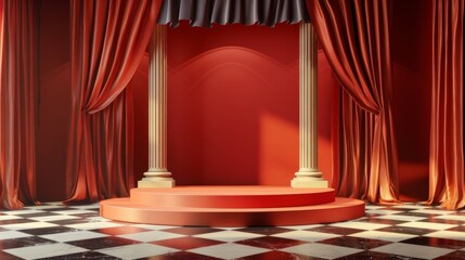 Wall Mural - An empty stage with a red background with columns, chess floors.
